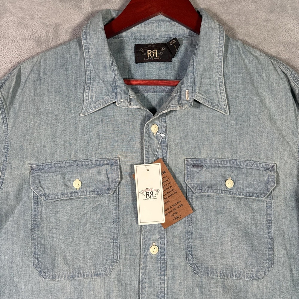 RRL Ralph Lauren Shirt Mens XL Blue Indigo Chambray Work Long Sleeve Button Up
